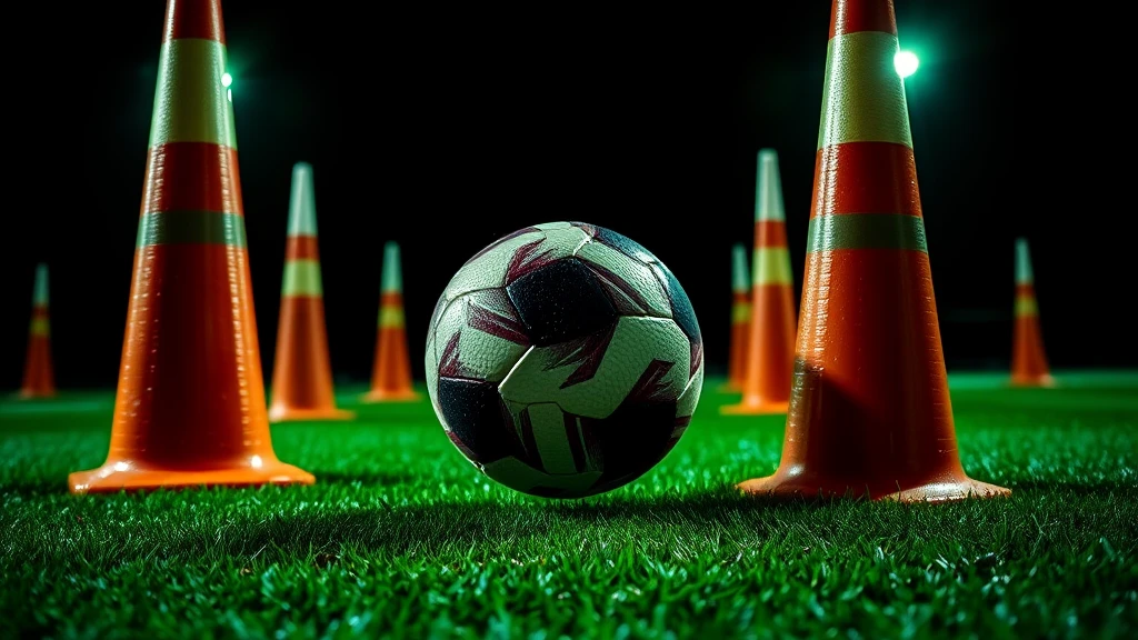 A ball weaving between training cones on floodlit grass