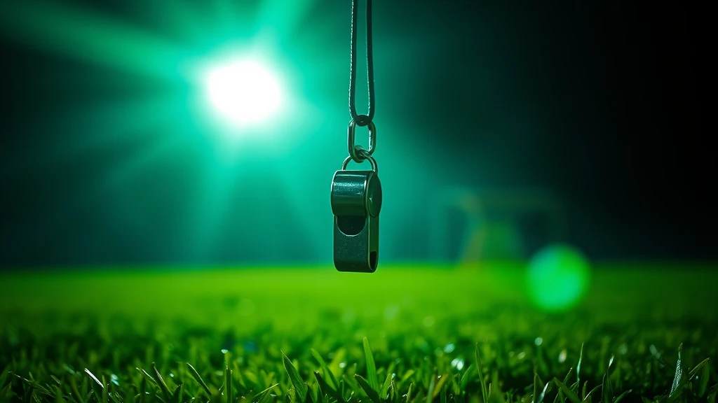 A steel referee whistle swinging on its cord