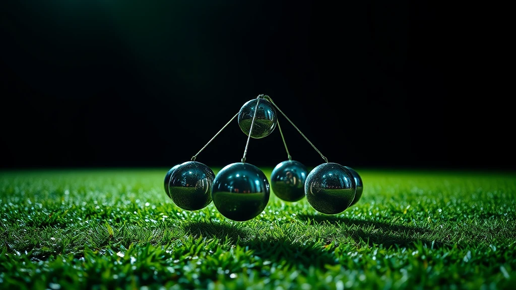 Steel balls of a Newton's cradle mid-swing