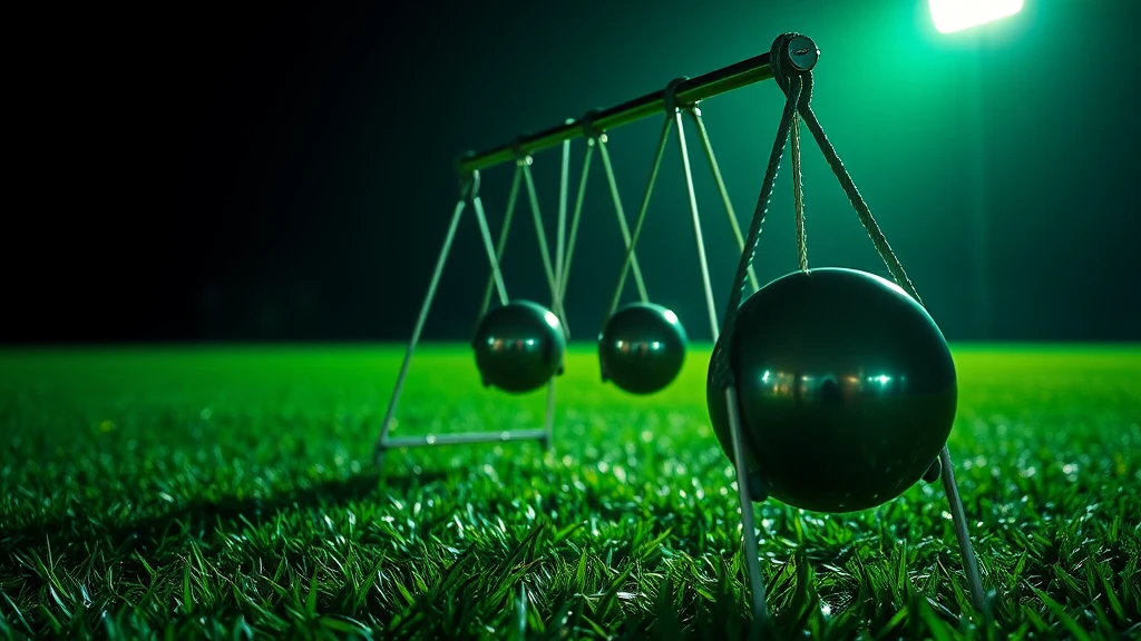 Steel balls of a Newton's cradle mid-swing