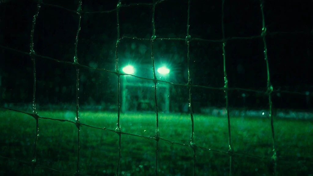 The mesh of a goal net in close-up with water droplets