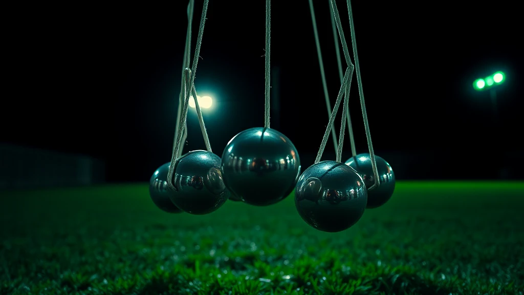 Steel balls of a Newton's cradle mid-swing